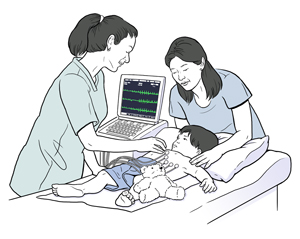 Boy lying on exam table. Healthcare provider is holding echocardiogram probe on skin of boy's chest. Woman is standing next to table.